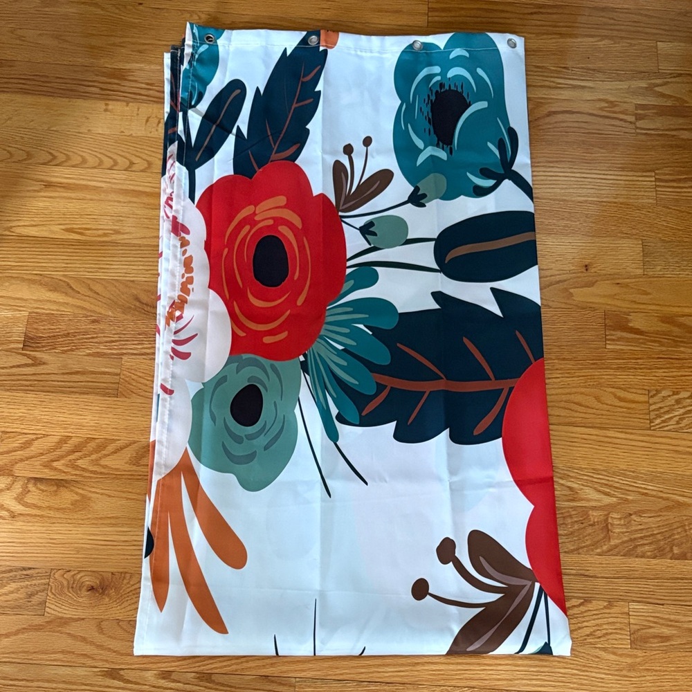 Bold Floral Curtain Panel in Red, Teal, and Black for Shower Stall